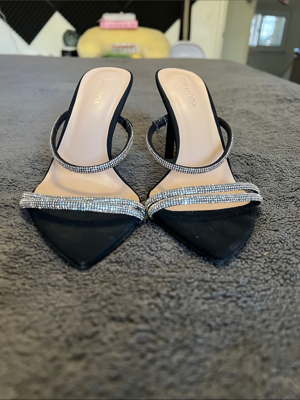 TOP Moda Black Pointed-Toe Rhinestone Double-Strap Heels